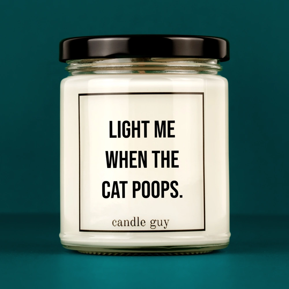 Kerze mit Spruch | Light me when the cat poops. | Farbe Weiß