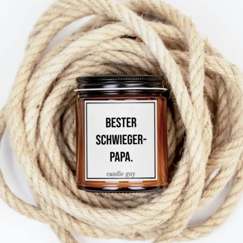 Braune Duftkerze im Glas Bester Schwiegerpapa.