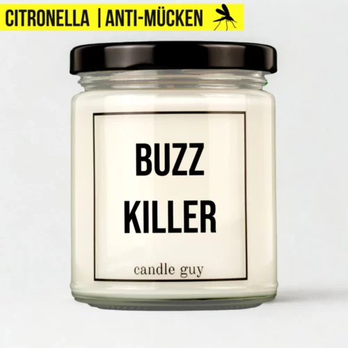 Citronella Kerze mit dem Spruch „Buzz Killer“ im weißen Glas mit schwarzem Deckel – Studioaufnahme
