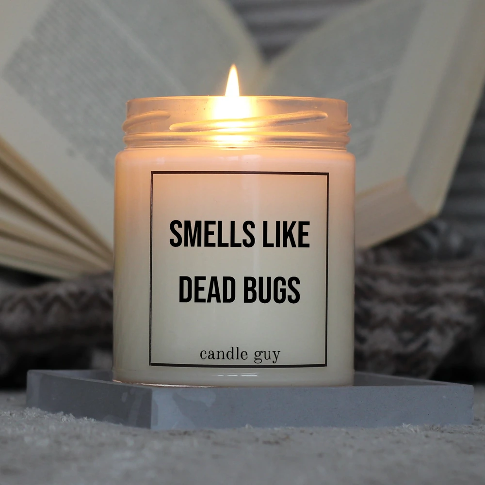 candle guy Duftkerze mit dem Spruch "Smells Like Dead Bugs" in Aktion – brennt über 70 Stunden