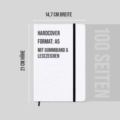 Notizbuch mit Aufdruck „PRODUKTINFOS” – A5 Hardcover mit Gummiband