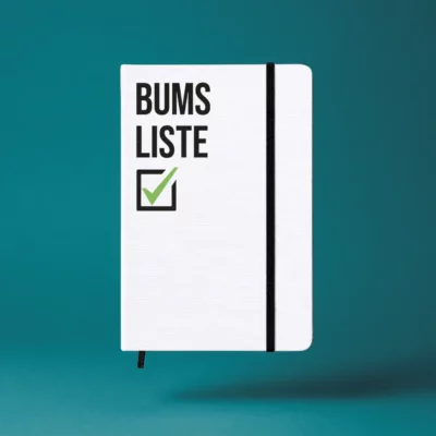 Notizbuch mit Aufdruck „BUMS LISTE” – A5 Hardcover mit Gummiband