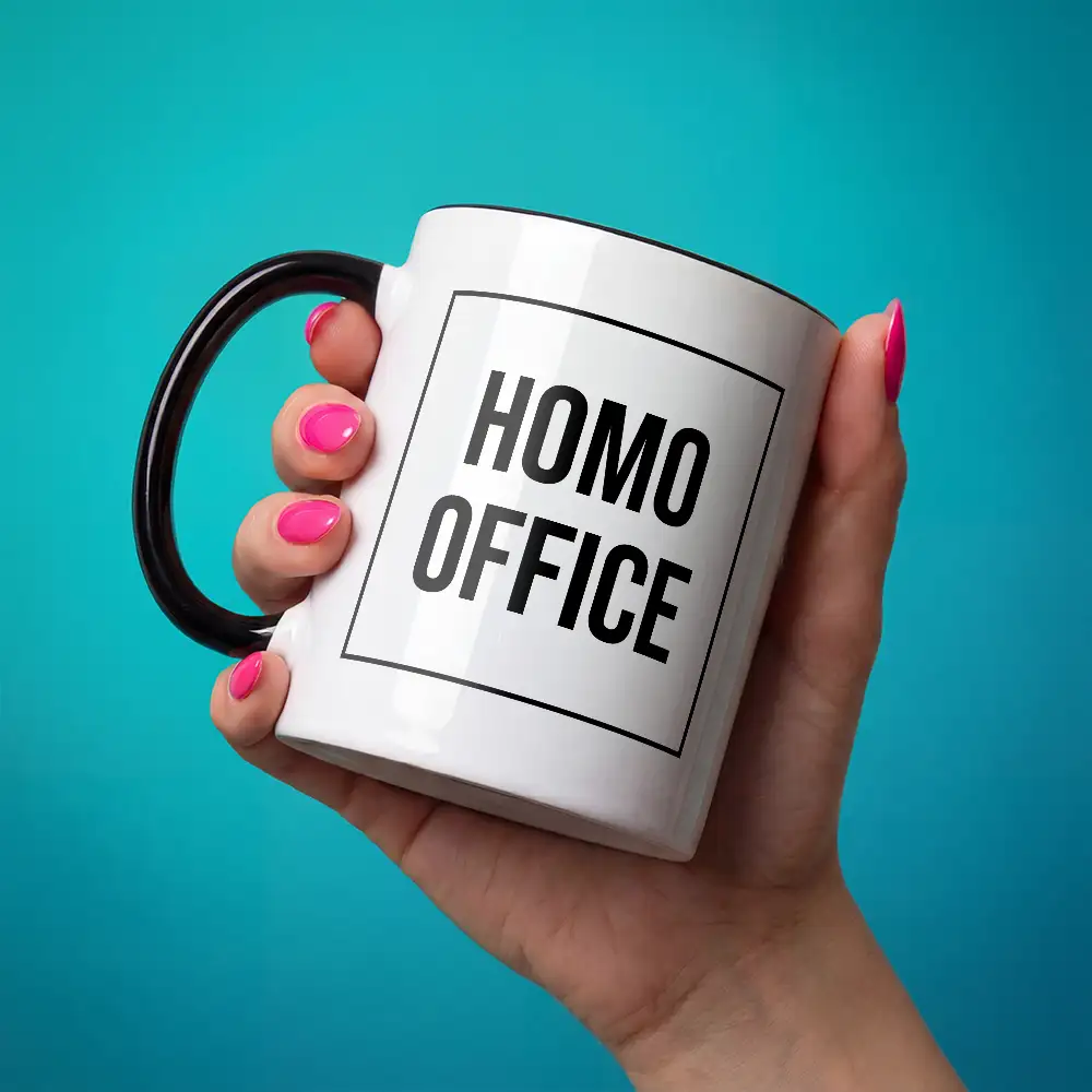 Keramik-Tasse mit Spruch „HOMO OFFICE” – 300 ml – spülmaschinengeeignet
