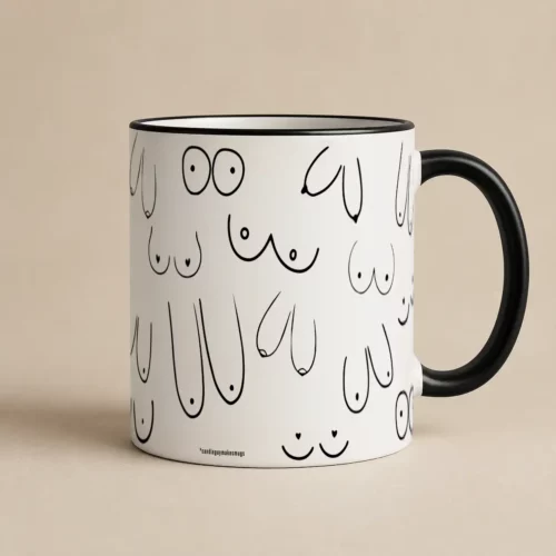 White mug with a black handle covered in a pattern of simple black line-drawn cartoon faces.