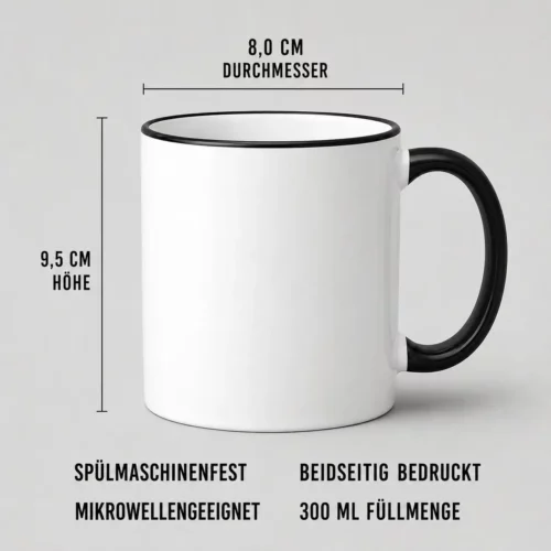 White mug with black handle; 8 cm diameter, 9.5 cm high; 300 ml capacity; dishwasher- and microwave-safe; printed on both sides.