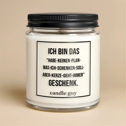 Glass jar candle with a white label that reads: ICH BIN DAS 'HABE-KEINEN-PLAN-WAS-ICH-SCHENKEN-SOLL-ABER-KERZE-GEHT-IMMER' GESCHENK. candle guy