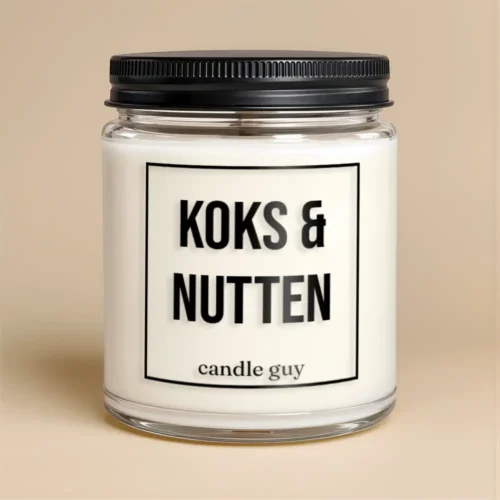 White candle in a clear glass jar with a black screw-on lid; label reads 'KOKS & NUTTEN' with 'candle guy' at the bottom.
